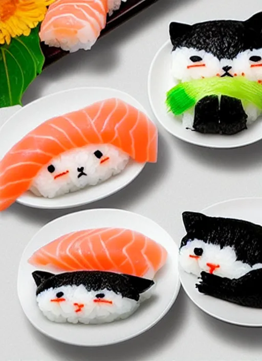 Image similar to clear photorealistic picture of simple cute cats made from sushi rice, arranged on sushi plates with garnish