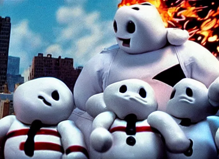 Image similar to Th Stay Puft Marshmallow Man attacks New York, ultra realistic, cinematic