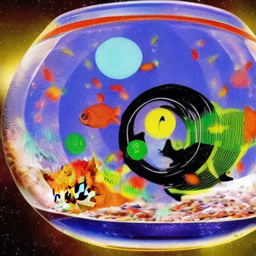 Prompt: A cat spilling a fish bowl that contains the universe.