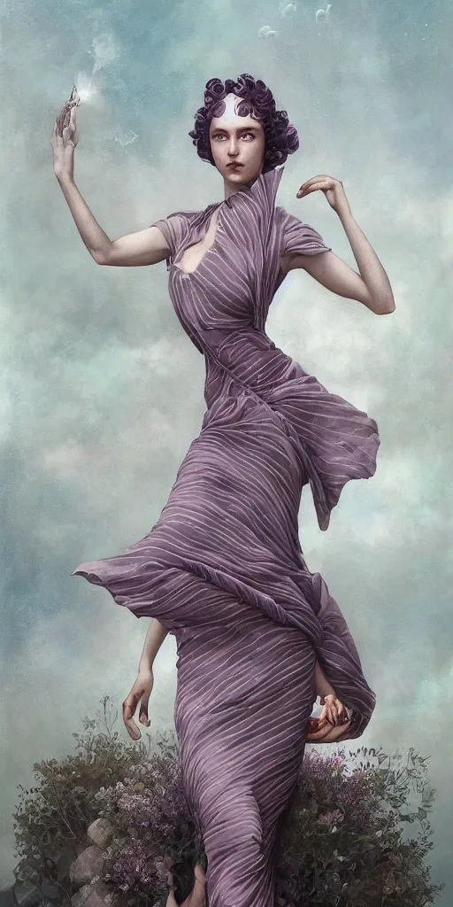 Prompt: a beautiful hyperrealistic solarpunk portrait pose of a stunning Art Deco model in a striped mauve-and-soot dress, intricate, elegant, highly detailed, smooth, sharp focus, award-winning, masterpiece, in the style of Tom Bagshaw, Cedric Peyravernay, Peter Mohrbacher