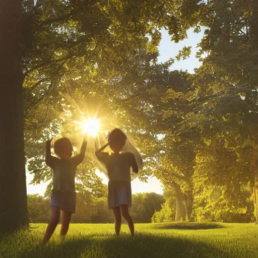 Image similar to Photograph. Conceptual art, the warm, golden light of the sun casts a beautiful glow on the scene, and the gentle breeze ruffles the leaves of the trees. The figures in the conceptual art are engaged in a simple activity, the way they are positioned and the expressions on their faces suggest a deep connection. Peace and contentment, idyllic setting. Shutterstock by Brian Despain, by Andrew Macara washed-out