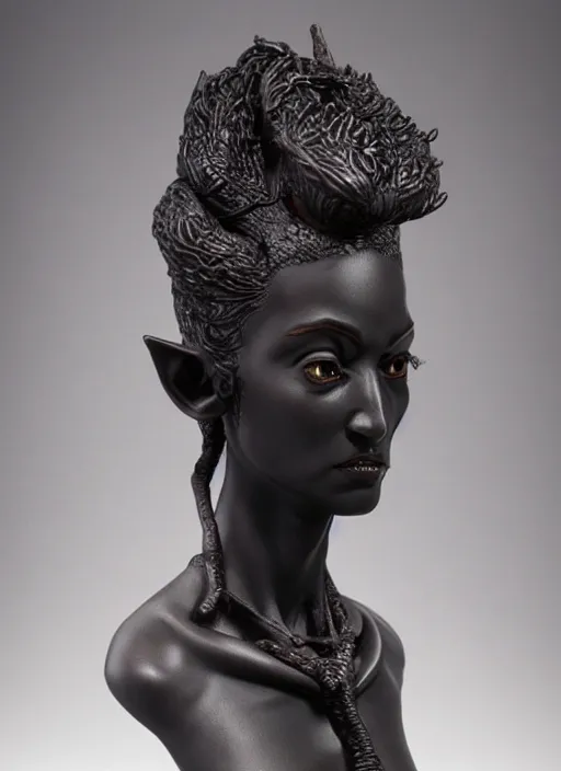 Prompt: a bust sculpture of anatomical detailed fantasy elvish character, very dark black skin, very beautiful, high forehead, high cheekbones, stylized, ceramic base, orthographic, studio lighting