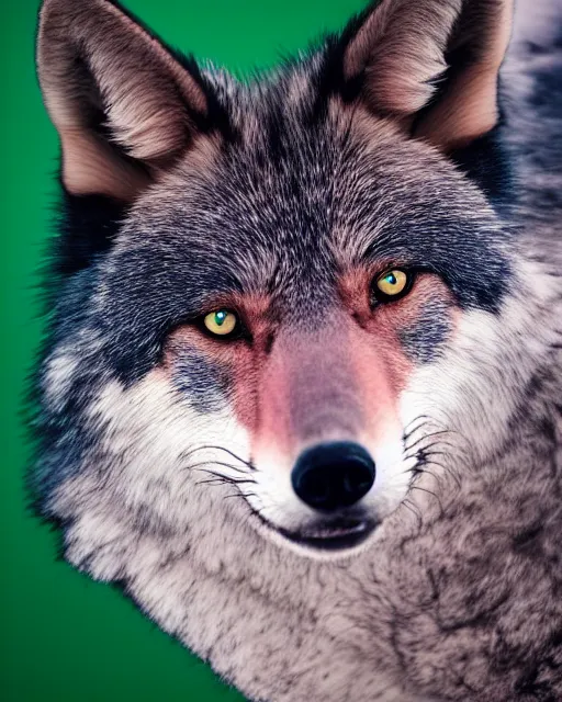 Prompt: black pink green blue fox - wolf, portrait, blue background, 8 k, 8 5 mm f 1. 8