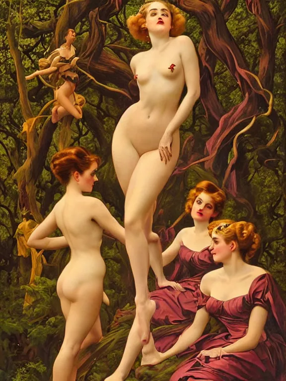 Image similar to Kiernan shipka as the three graces, a beautiful art nouveau portrait by Gil Elvgren and Gerald Brom, Moonlit forest environment bonfire, centered composition, defined features, golden ratio, golden jewelry