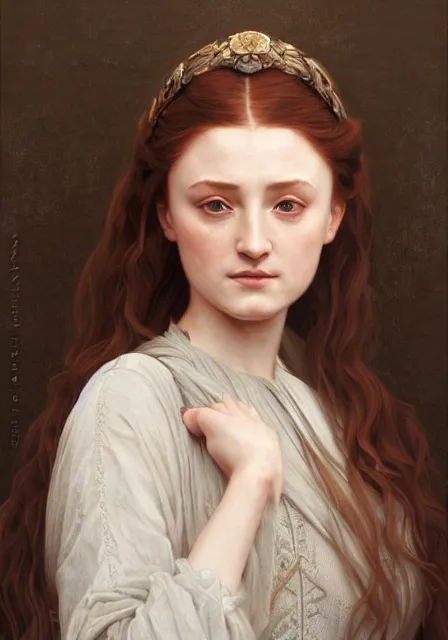 Image similar to portrait of little sansa stark, intricate, elegant, highly detailed, digital painting, artstation, concept art, smooth, sharp focus, illustration, art by artgerm and greg rutkowski and alphonse mucha and william - adolphe bouguereau