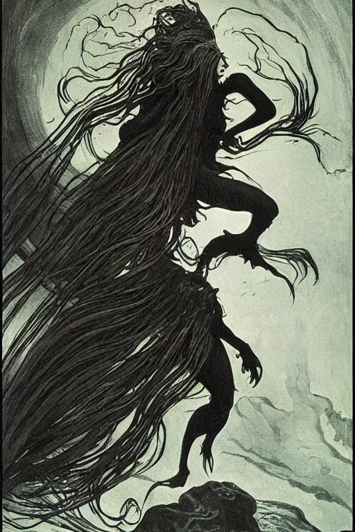 Prompt: dark evil mermaid with long flowing hair, by N.C. Wyeth, Bernie Wrightson