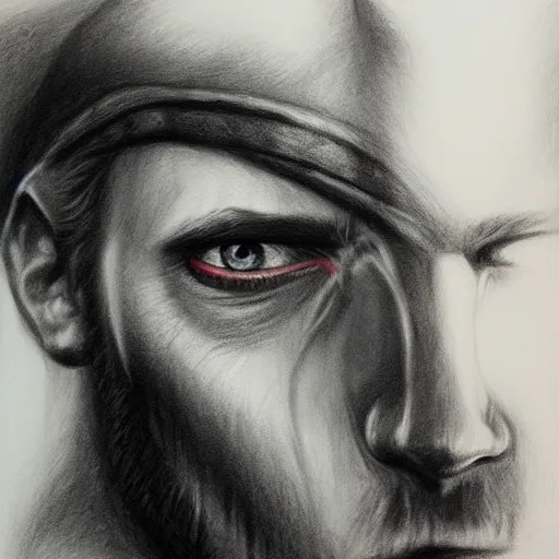 Image similar to Odin missing eye, charcoal portrait, artstation, fine-detailed