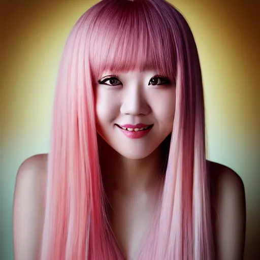 Image similar to beautiful hyperrealism selfie of nikki from shining nikki, a cute 3 d young woman smiling sofly, long light pink hair and full bangs, flushed face, small heart - shaped face, amber eyes, chinese heritage, golden hour, 8 k, instagram