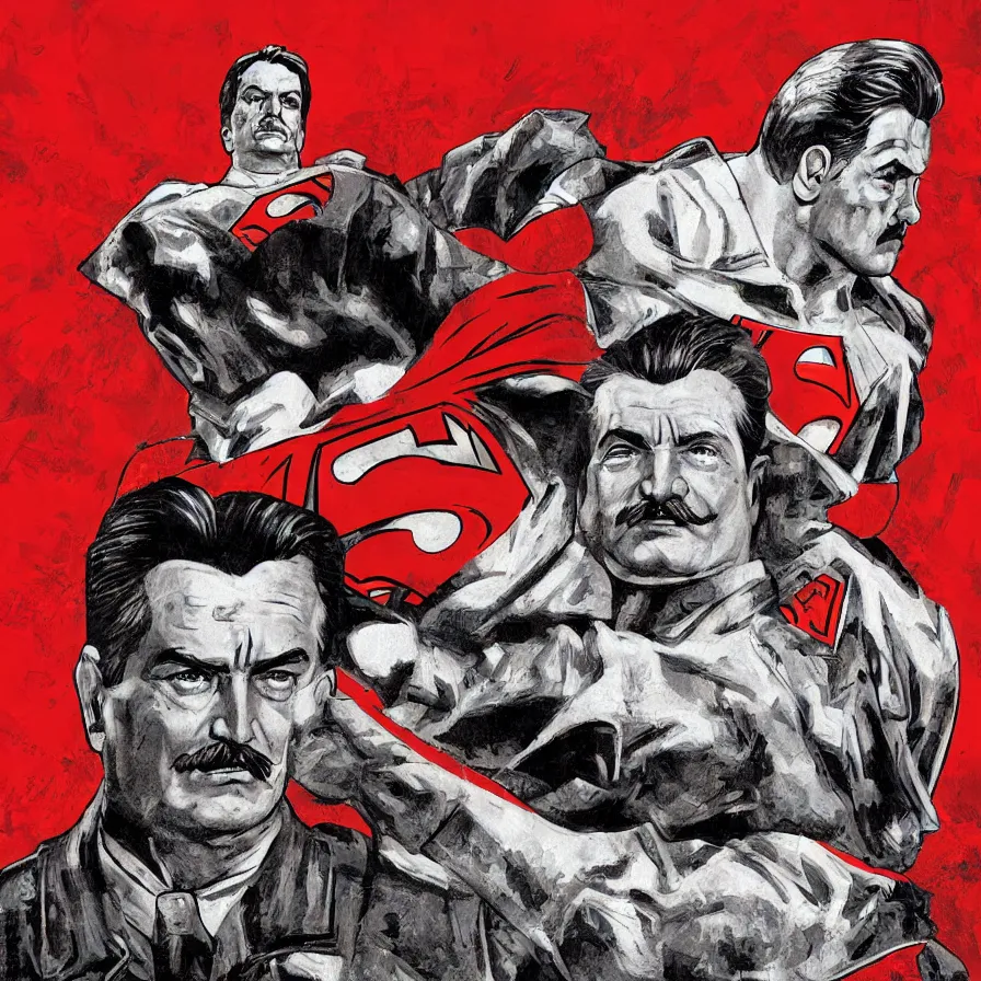 Prompt: epic comic book cover of stalin as superman floating over the red square ( moscow ), hammer and sickle, cccp, ussr, socialist realism, soviet nostalgia, sovietwave aesthetic, photorealistic, intricate digital art, trending artstation, artgem, rich moody colors, fan art, concept art, in the style of the red son