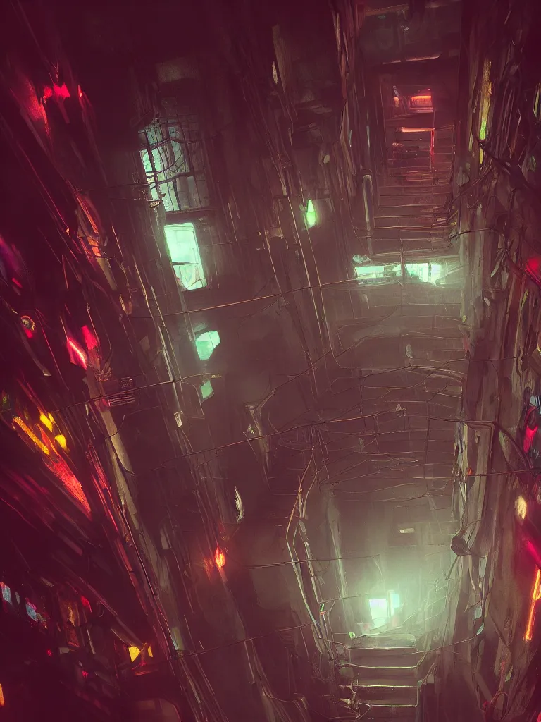 Image similar to look down a cellar staircase, neon lights, cyberpunk style, digital painting, concept art, smooth, sharp focus, hyperrealistic, illustration, artstation trending, octane render, unreal engine, ambient light, dynamic lighting, magical, dark vibes, Cyberpunk 2077