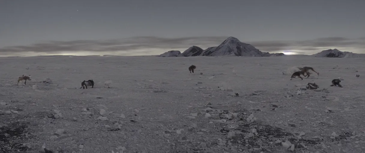 Image similar to filmic extreme wide shot movie still 4 k uhd interior 3 5 mm film color photograph taken at night of a bunch of creatures running around mcmurdo station in antartica