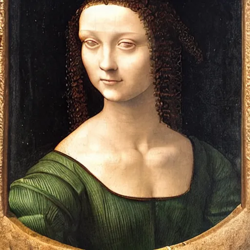 Prompt: young woman from the year 1 5 0 0, seated in front of a landscape background, her black hair is fine curly, she wears a dark green dress pleated in the front with yellow sleeves, puts her right hand on her left hand and smiles slightly, oil painting in style of leonardo da vinci