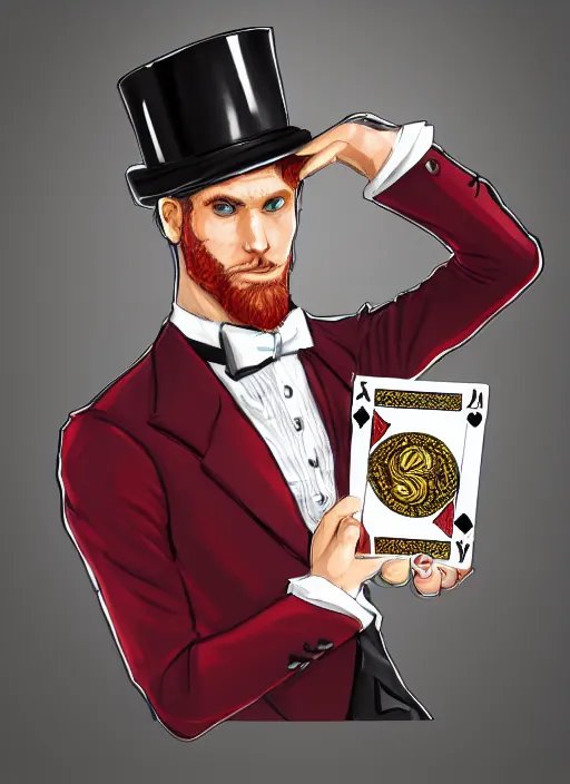 Prompt: a highly detailed illustration of stylish top hat wearing red haired attractive man, wearing suit vest, flashy pose, playing card background, intricate, elegant, highly detailed, centered, digital painting, artstation, concept art, smooth, sharp focus, league of legends concept art, WLOP