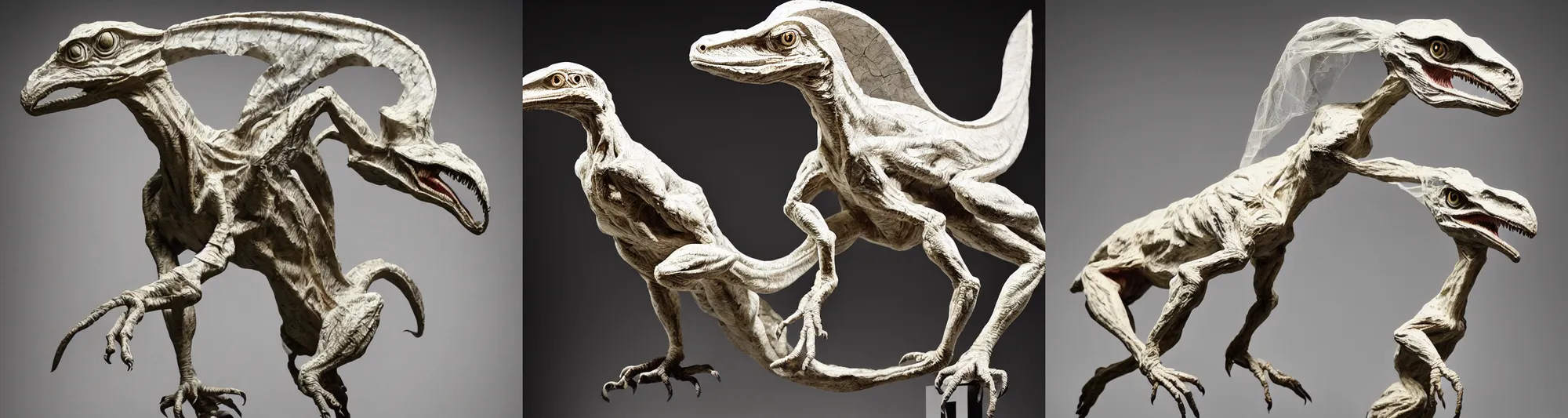 Prompt: a fine marble sculpture of the veiled velociraptor, dramatic lighting, masterwork sculpture