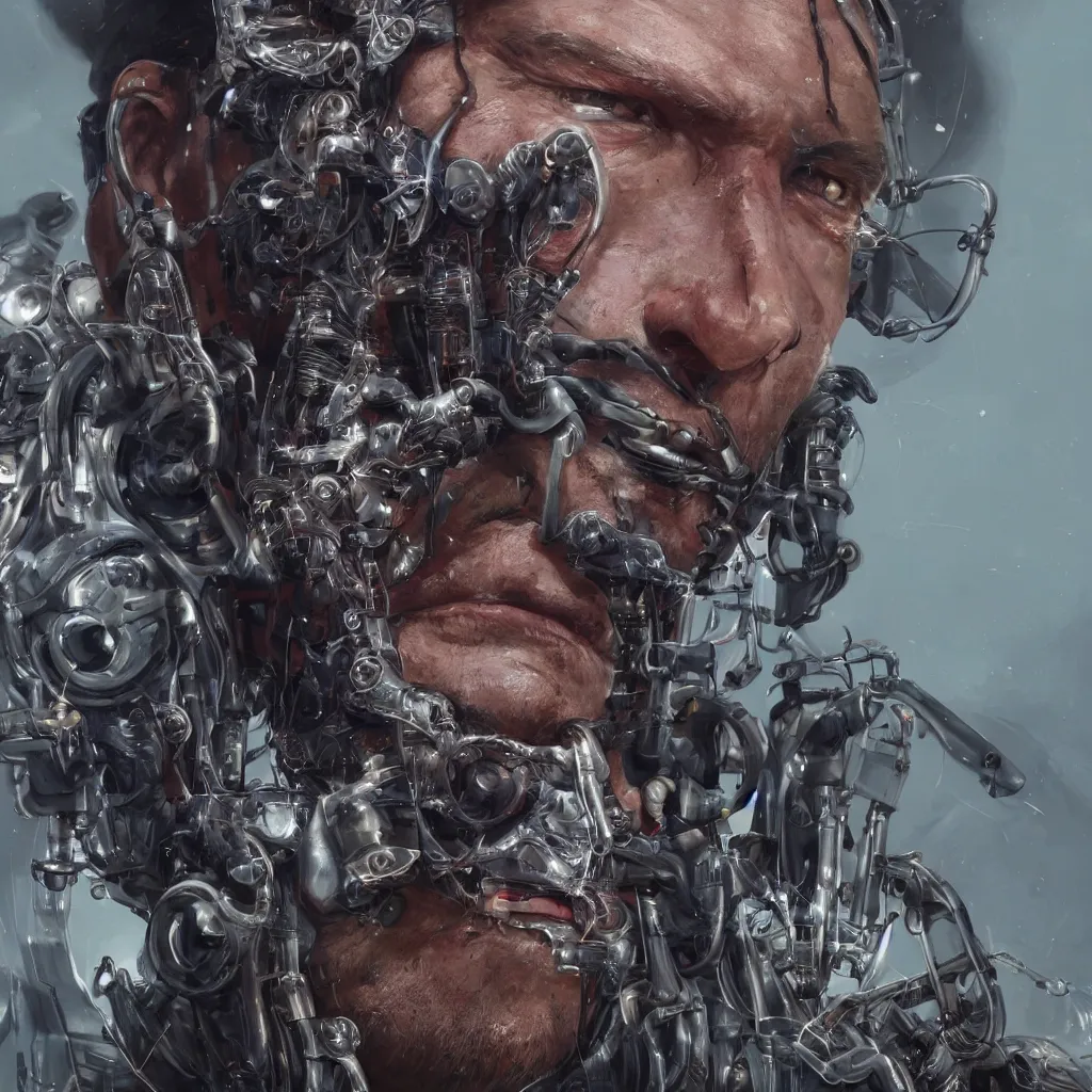 Image similar to a single close-up portrait of Arthur Morgan from Red Dead Redemption as a cyborg, barely human and largely biomechanical machine, hyper-realistic cyberpunk style, Peter Mohrbacher Takayuki Takeya moody, face by Yanjun Cheng, Irakli Nadar, dramatic cinematic lighting rendered by octane, 8k, detailed, intricate, clean and textures, trending on artstation, deviantart google images, pinterest