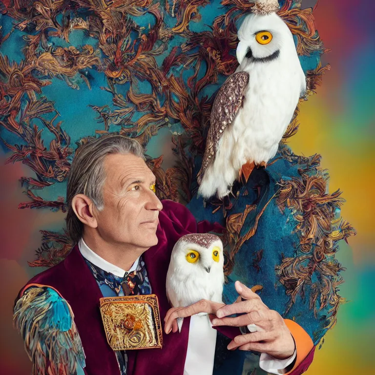 Image similar to high fashion photoshoot octane render portrait by wayne barlow and carlo crivelli and glenn fabry, a distinguished actor wearing a colorful wes anderson designed uniform and holding a snow owl inside a high - end exotic colorful pastel vintage boutique hotel lounge, very short depth of field, bokeh