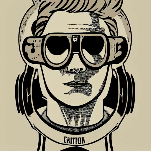 Prompt: smooth median photoshop filter cutout vector painting of a retrofuture tattooed stoic heroic emotionless dirty butch blonde woman mechanic with very short slicked - back hair, full body, uncomfortable awkward and anxious, wearing dark - lensed victorian goggles, wearing flight suit, loish, mignogna, ron cobb, moebius, rough paper, sci fi, behance hd