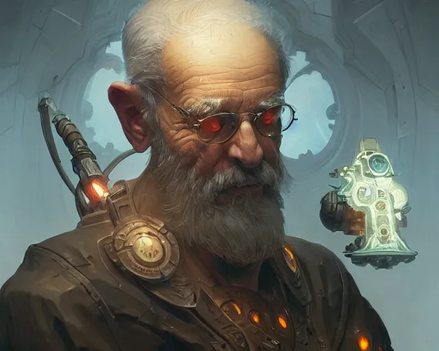 Image similar to old man with cyborg features, deep focus, d & d, fantasy, intricate, elegant, highly detailed, digital painting, artstation, concept art, matte, sharp focus, illustration, hearthstone, art by artgerm and greg rutkowski and alphonse mucha