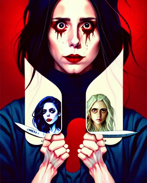 Image similar to loish, artgerm, Joshua Middleton art, Rafeal Albuquerque, pretty Alison Brie serial killer holding bloody knife in right hand realistic hand, blood on clothes and face, sarcastic smile, symmetrical eyes, symmetrical face, jean jacket, jeans, short blonde hair, middle shot, night time, deep blacks