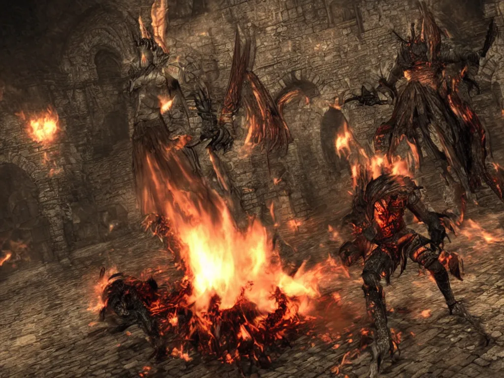 Image similar to Demon Souls Dark Souls Boss fight in flaming hell