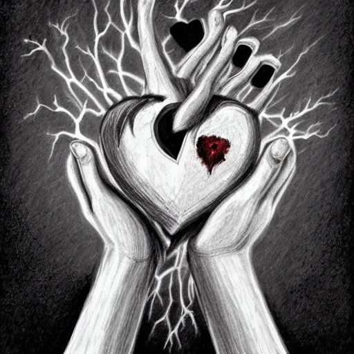 Image similar to hands ripping a heart into pieces, sadness, dark ambiance, concept by Godfrey Blow, featured on deviantart, drawing, sots art, lyco art, artwork, photoillustration, poster art