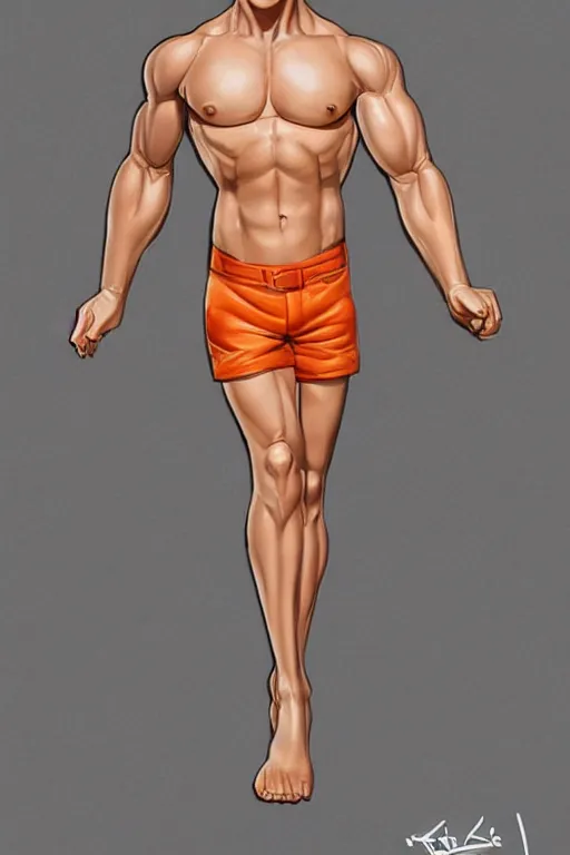 Image similar to a handsome man with blonde hair, ken doll, male android, muscular, wearing a cut-off white top and short light orange shorts, stands by a swimming pool, facing forward, in the style of artgerm and moebius and annie liebovitz, photorealistic, highly detailed, trending on artstation