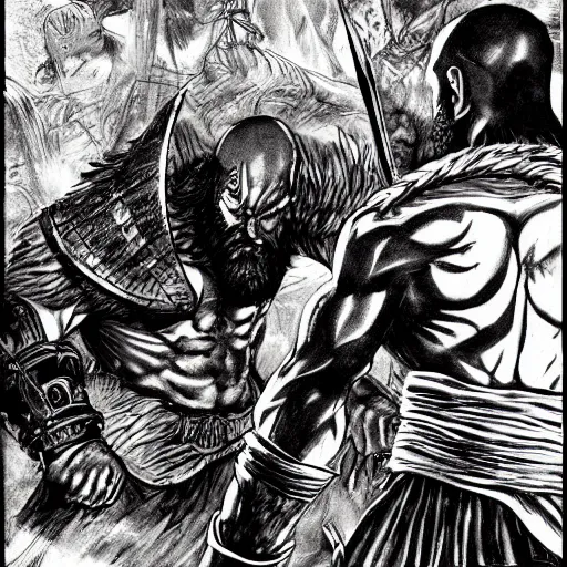 Image similar to god of war, kratos, fight scene still, manga, by kentaro miura