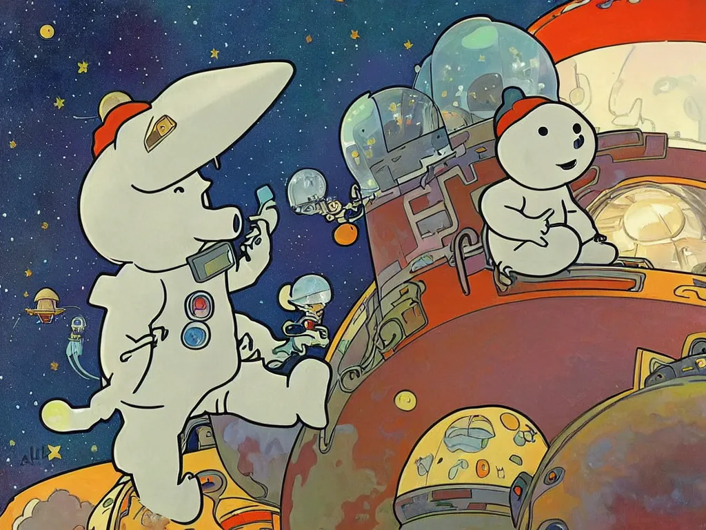 Prompt: moomins in space suits flying around with jetpacks discovering the mushroom planet, looking cute, photorealistic painting, warm colors, fluffy, cozy, dreamy, low light, art by alphonse mucha, trending on artstation