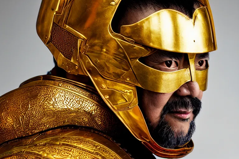 Prompt: a cinematic studio headshot portrait of a middle aged asian man wearing gold plated armour, orange color theme, dramatic lighting, back light, hair light, rim light, 4 k, ultra realistic, by annie leibovitz