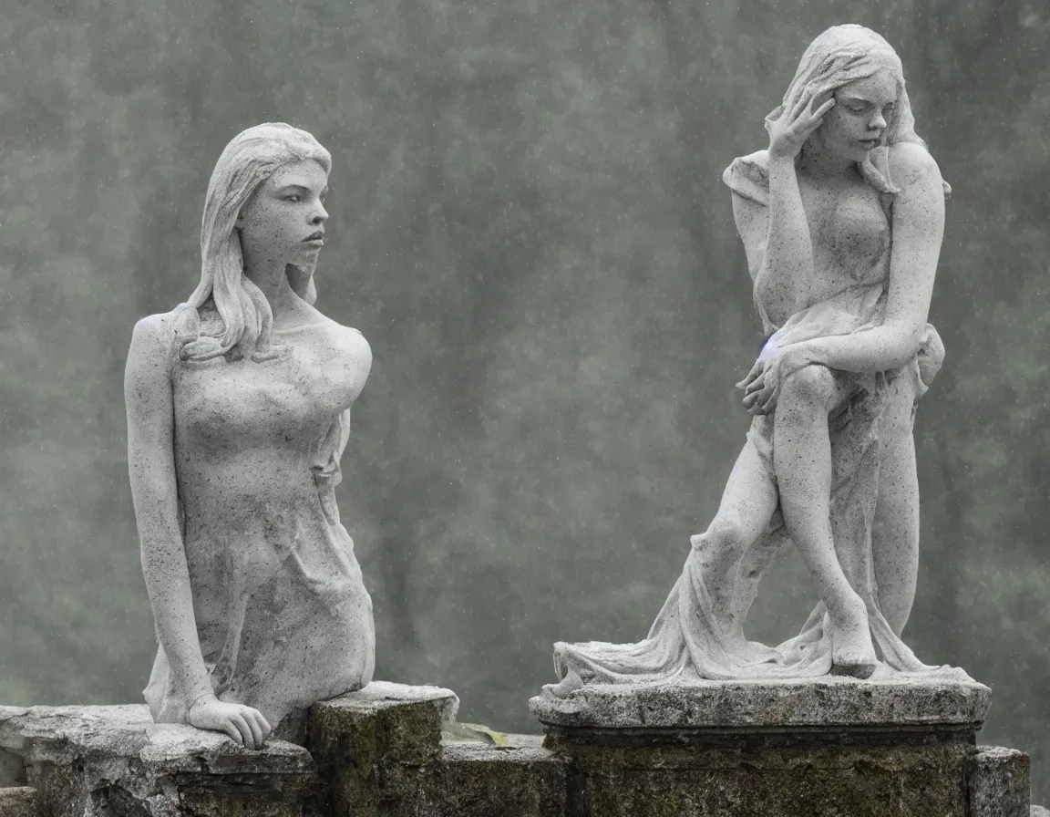 Prompt: broken marble sculpture of anya taylor joy in a foggy castle garden, gloomy, photography