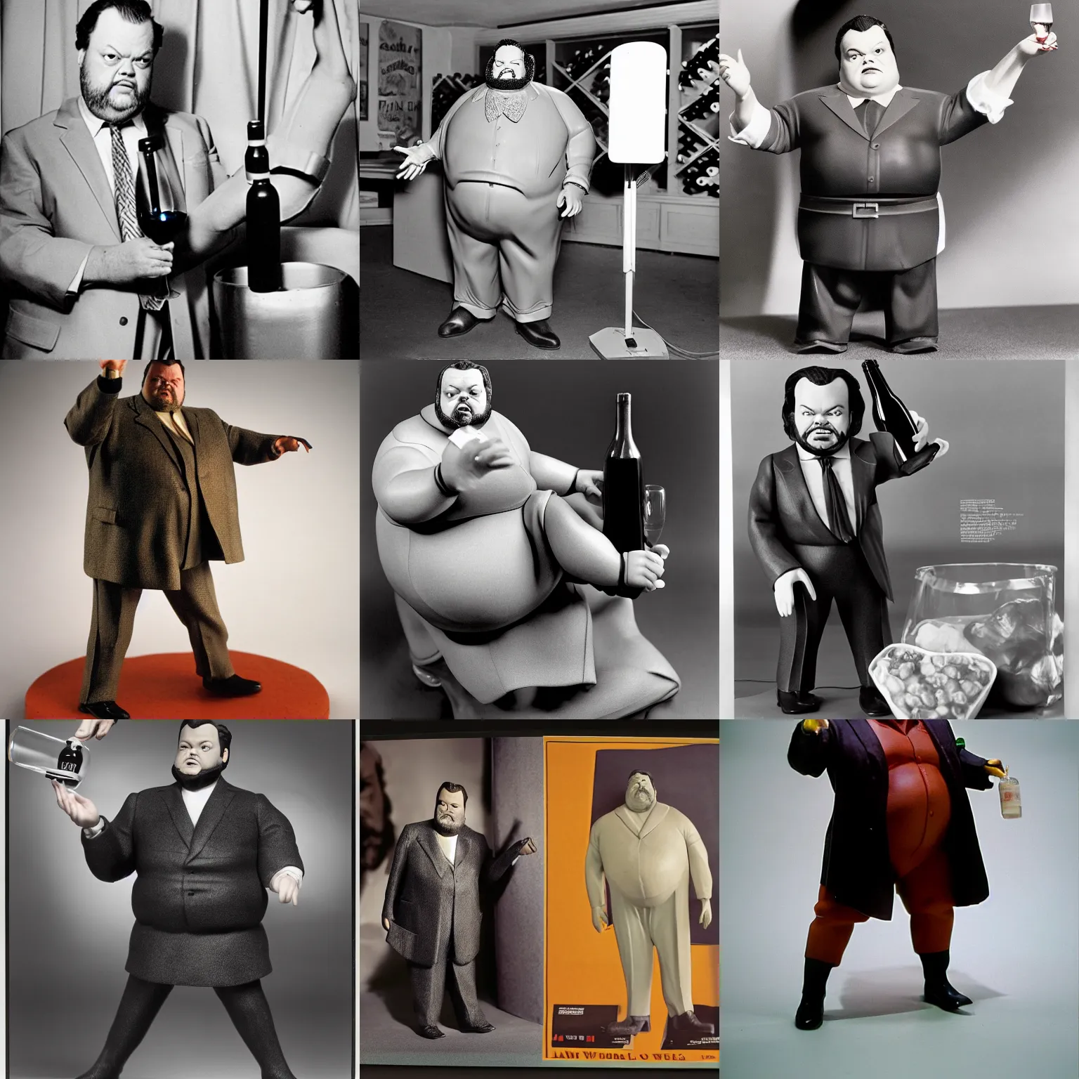 Prompt: the late orson welles action figure, huge, fat body, making advert for wine, 3 5 mm photograph, product studio lighting