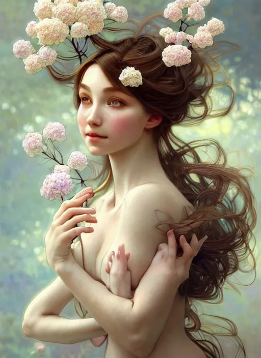 Image similar to realistic photographic perfect portrait of a anthropomorphic hydrangea blossom, fantasy, wind blowing hair, intricate, elegant, highly detailed, digital painting, artstation, concept art, smooth, super sharp focus, illustration, art by artgerm and h r giger and alphonse mucha