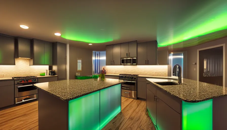 Image similar to a photo of aurora borealis! localized entirely within a kitchen!!!, color photography, high quality, volumetric light, beautiful, 4 k