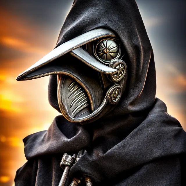 Prompt: cyber plague doctor warrior, highly detailed, 8 k, hdr, smooth, sharp focus, high resolution, award - winning photo