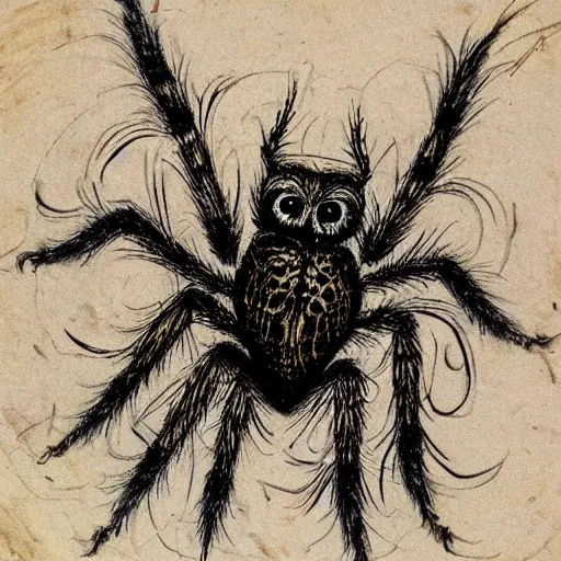 Image similar to jumping spider mixed with owl, sketch by Leonardo Da Vinci, hybrid creature, detailed