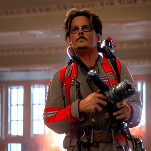 Image similar to Jonny Depp as a Ghostbuster in the movie Ghostbusters movie still 8k hdr
