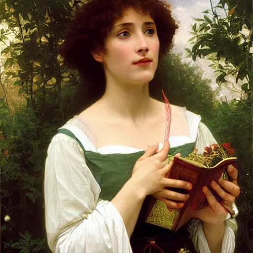 Image similar to Emma Thompson as Ophelia in Hamlet, detailed oil painting by William Adolphe Bouguereau