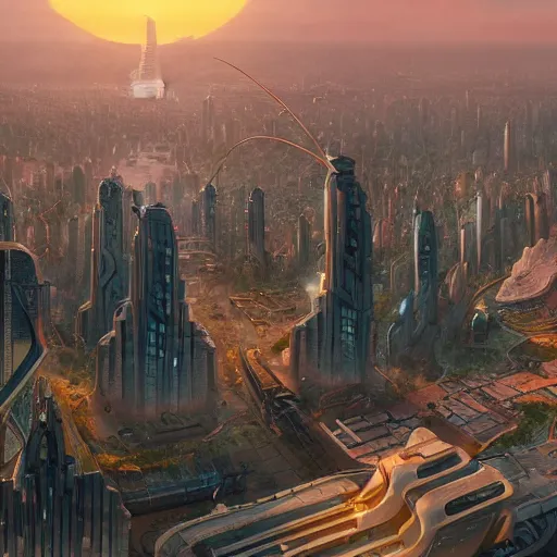 Image similar to bio-futurism, utopian city,differential growth,city panorama,beautiful sunset,panoramic,boris vallejo,luis royo,michael whelan,photorealistic,unreal engine 5,octane render,detailed