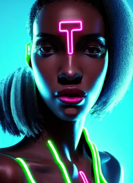 Image similar to photorealistic portrait of black american female humanoid, cyber neon lights, highly detailed, cyberpunk high fashion, gen z, crispy quality, trending in artstation, trending in pinterest, glamor pose, no signature, no watermark, cinematic, octane render, art by artgerm and greg rutkowski and pascal blanche