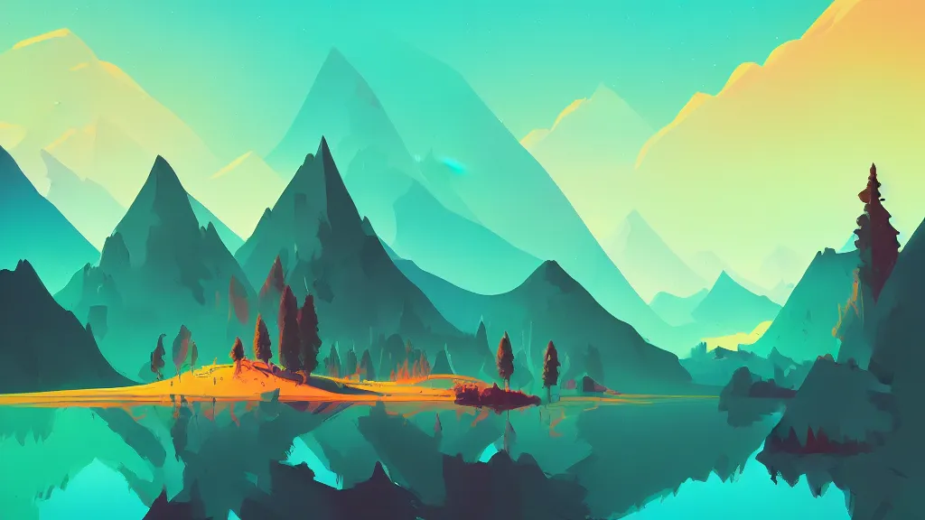 Image similar to mountains, trees, and lake, by anton fadeev