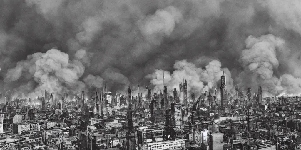 Prompt: dieselpunk city skyline, huge fires everywhere, aerial view, wide shot, 120 black and white film