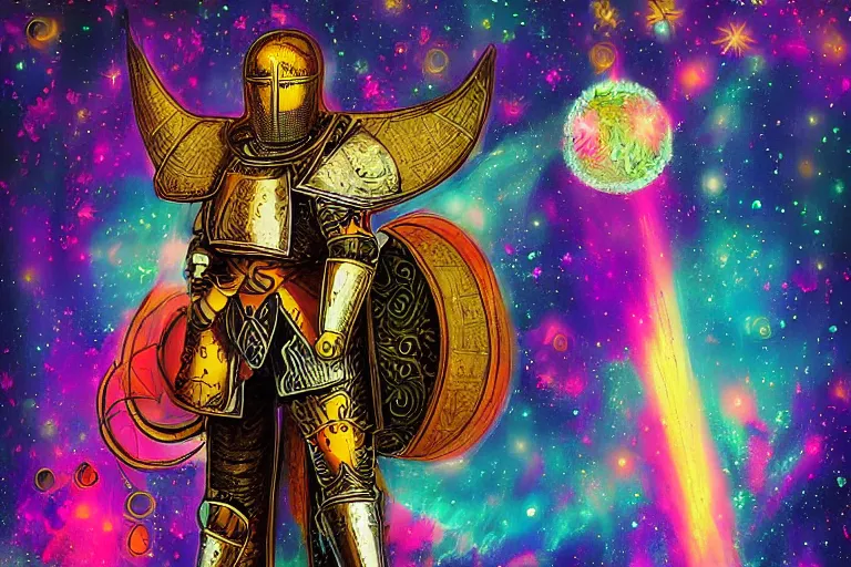 Image similar to digital art of a spiritual medieval knight looking up at the stars, acrylic art, universe, painting, pastel colors, synthwave, retro, cyberpunk,