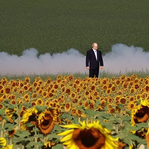 Image similar to Putin standing among a burning field of sunflowers,