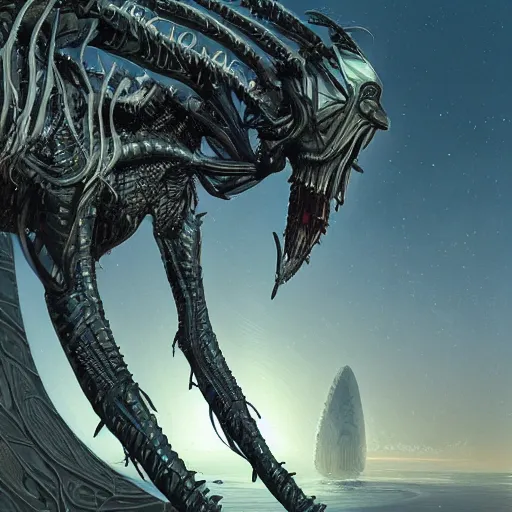 Image similar to professional concept art portrait of a predatory alien species on a depth of field background, by cam sykes. an intricate, elegant, highly detailed digital painting, concept art, smooth, sharp focus, illustration, in the style of syd mead.