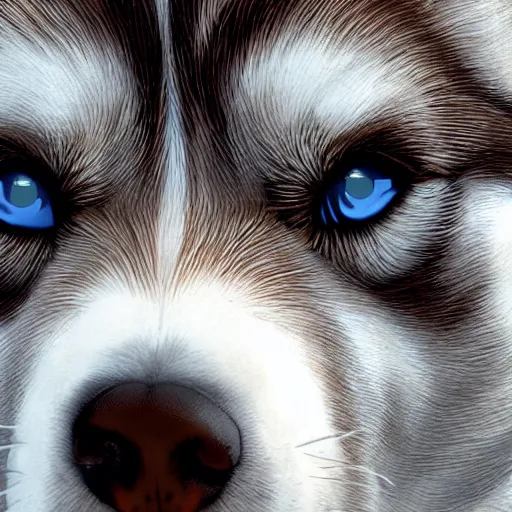 Prompt: Husky dog, one eye is brown one eye is blue, highly detailed photograph 108 megapixels