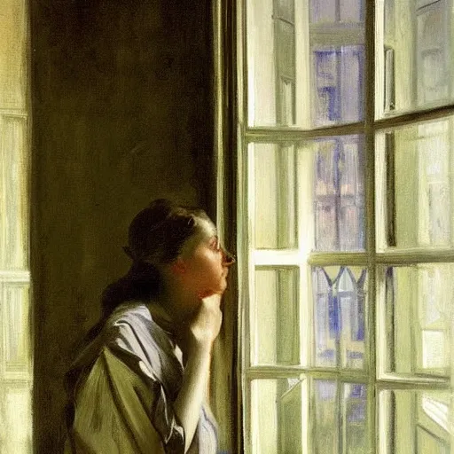 Image similar to a woman standing in front of a window, looking out at the rain, painting by John Singer Sargent