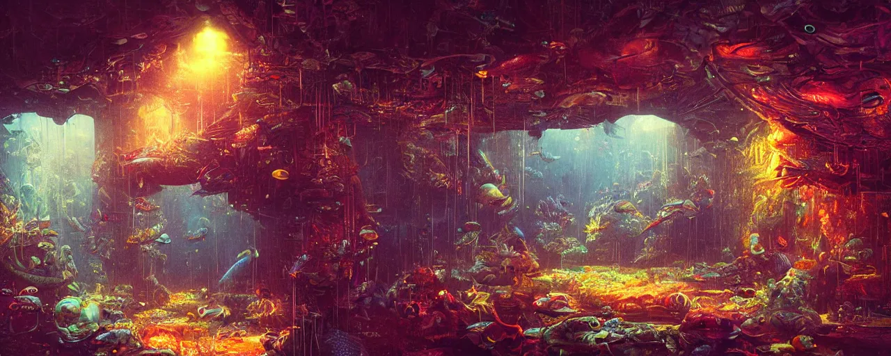 Image similar to ” inside a fish, [ moist, wet, gut, gills, cinematic, detailed, epic, widescreen, opening, establishing, mattepainting, photorealistic, realistic textures, octane render, art by paul lehr ] ”