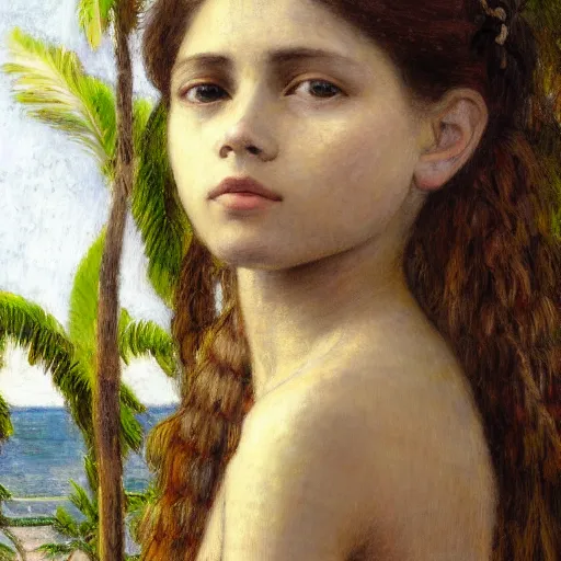 Prompt: a ultradetailed beautiful painting of a girl in the amazonas palace balustrade designed by jules bastien - lepage, tarsila do amaral, frank weston and gustave baumann, beach, trending on artstation, mediterranean, palm trees, detailed face, sharp focus, soft light, 8 k 4 k