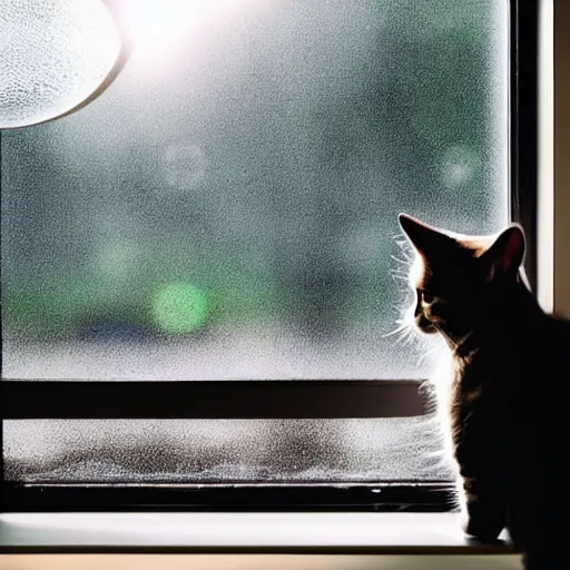 Prompt: photo of a cat watching martian landscape inside a window next to a bowl with cat food