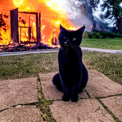 Image similar to an adorable ominous cat sitting in the yard of a home that is blazing on fire in the background behind the cat, cinematic, DSLR, evening